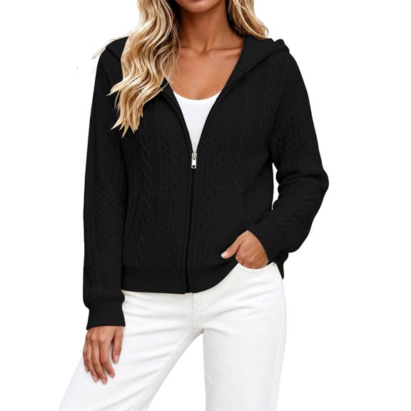 QSAWXQZ Women's Zip up Jacket Cable Knit Long Sleeve Pockets Hoodie Casual Winter Outerwear XL