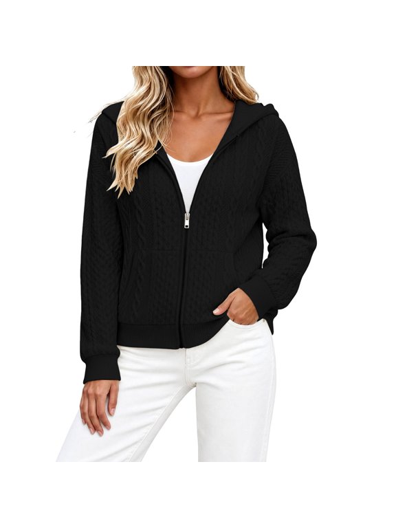 Women's Zip up Jacket Cable Knit Long Sleeve Pockets Hoodie Casual Winter Outerwear XL