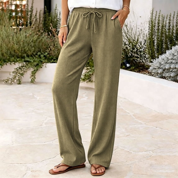 QSAWXQZ Womens Texture Knit Pants Straight Leg Drawstring Waist Loose Leg Pockets Casual Lounge Trousers 2XL