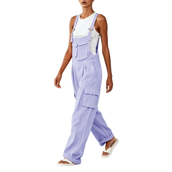 QSAWXQZ Womens Wide Leg Cargo Overalls Adjustable Straps Sleeveless Pockets Bib Jumpsuit Casual Pants 2XL