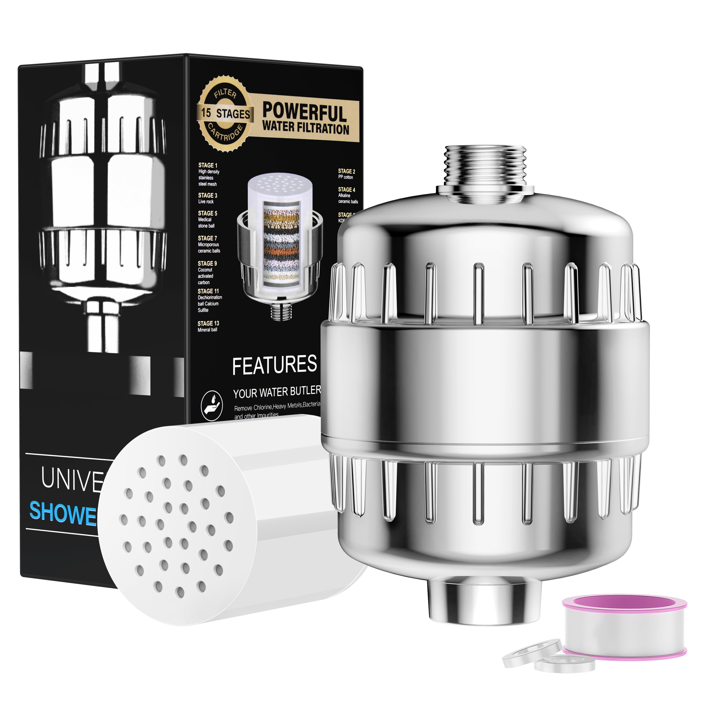 QSCQ Shower Filter 15 Stages High Output Shower Filter for Hard Water Universal Water Shower
