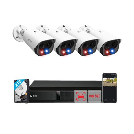 QSEE Security Camera System, Digital Video Recorder Kit with 2TB HDD, 4 x Wired Outdoor Camera with Color Night Vision, Siren, Spotlight Alarm, 24-7 Recording, Smart Playback
