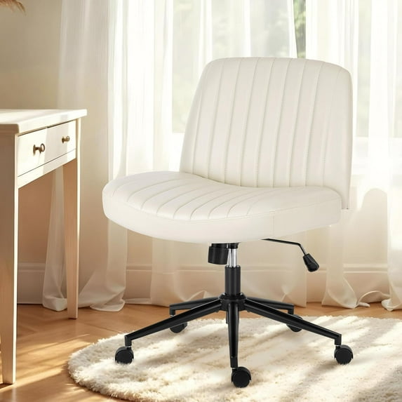 QSHIMY Criss Cross Chair with Wheels, Armless Legged Office Desk Chair, Comfy Swivel Rolling Vanity Chair, Ergonomic Fabric Modern Wide Seat Adjustable Home Office Chair Beige PU