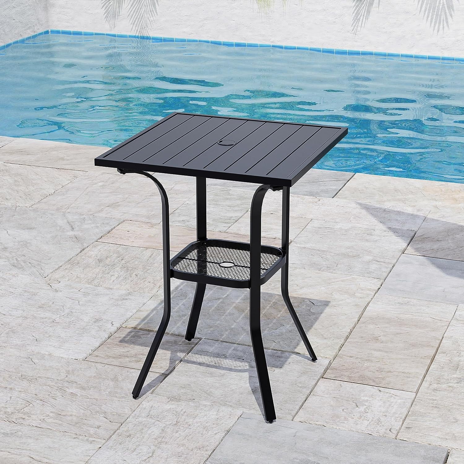 QSHIMY Outdoor Bar Table with Umbrella Hole, Patio Furniture Square ...