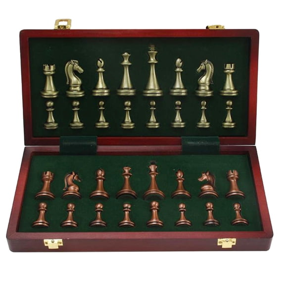 QSTDGVPW 12'' UPSCALE METAL CHESS SET FOLDABLE WOODEN CHESS BOARD ZINC ALLOY CHESS PIECES