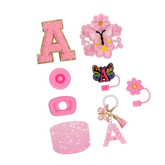 QSTDGVPW 15 Pieces Cup Stickers Accessories Set Stoppers Tumbler with Handle Letter Sticker Ornament Kit Cup Decoration Set Pink