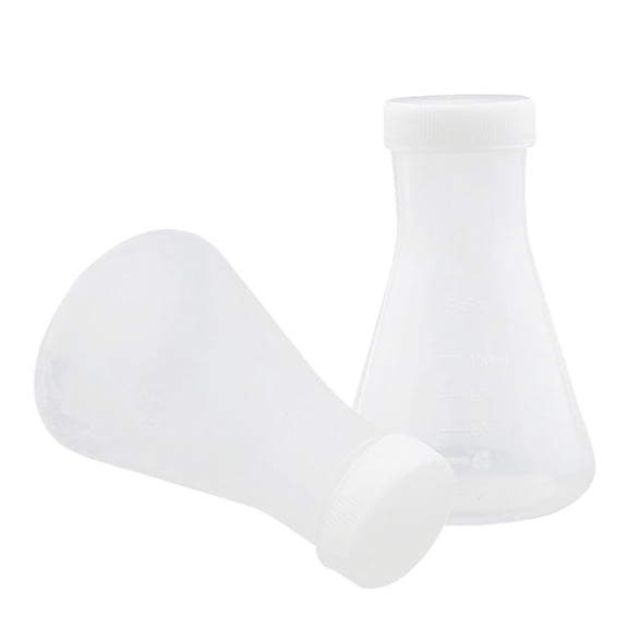 QSTDGVPW 2 Pcs Lab Experiment Graduated Plastic Conical Flask Erlenmeyer w/ Cap 100mL