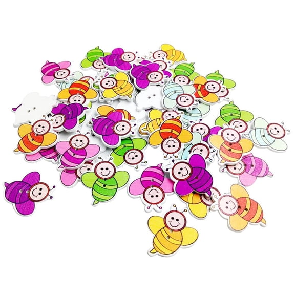 QSTDGVPW 50x Assorted Color Bee Shape Wooden Buttons Scrapbooking Embellishment