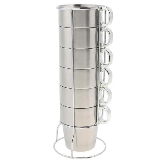 QSTDGVPW 6x Stackable Coffee ugs Stainless Steel Tea Water Glasses Cups w/ Rack M M