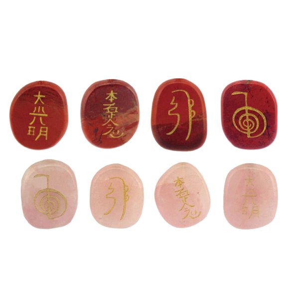 QSTDGVPW 8pcs Natural Reiki Stone Crystal Engraved Reiki Stone Home Decor Red & Pink