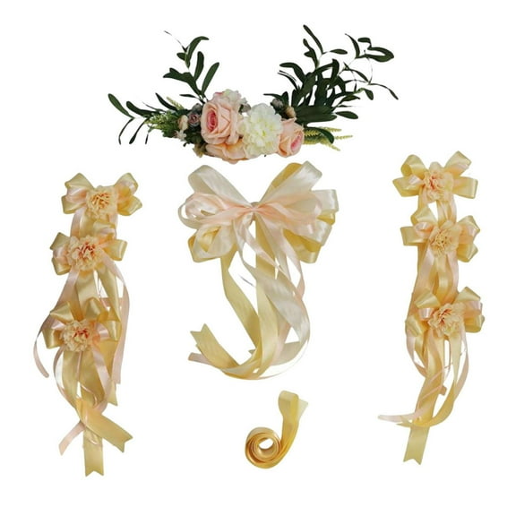 QSTDGVPW 9pcs Wedding Car Decorations Kit DIY Artificial Silk Flower Ribbon Bows Ties Set Champagne