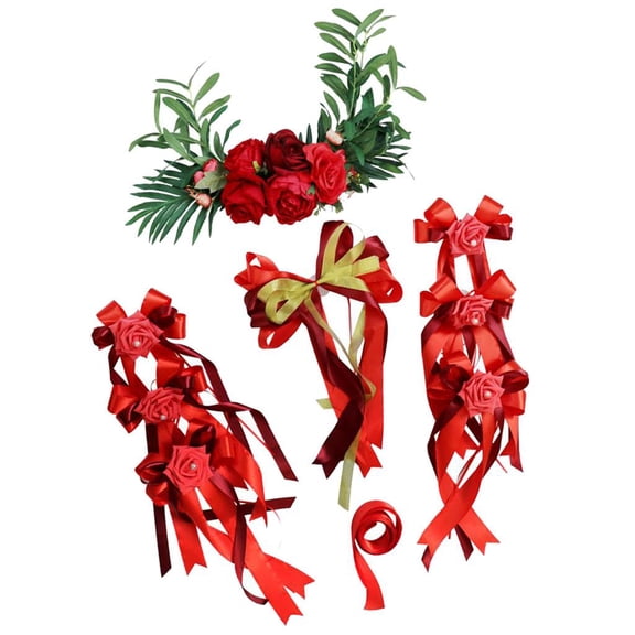 QSTDGVPW 9pcs Wedding Car Decorations Kit DIY Artificial Silk Flower Ribbon Bows Ties Set Red