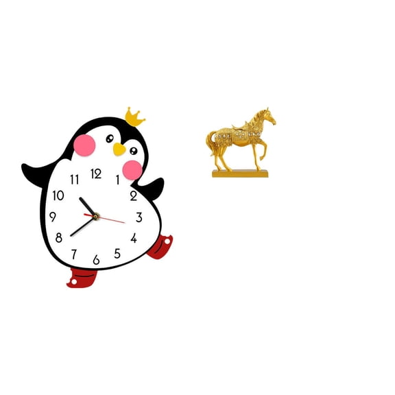 QSTDGVPW Cartoon Penguin Wooden Wall Clock Decorative Lovely Battery Powered Home Decoration Bedroom Multifunctional Horse Figurine Decoration Animal Sculpture Engraved Resin Figurines Home