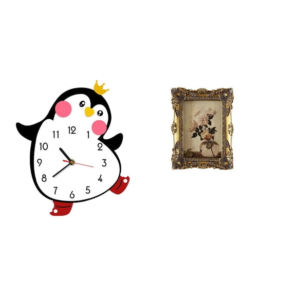 QSTDGVPW Cartoon Penguin Wooden Wall Clock Ornate Picture Frame Vintage Resin Decorative Lovely Battery Powered Home Decoration for Bedroom Multifunctional Photo Display Frame Ornament for