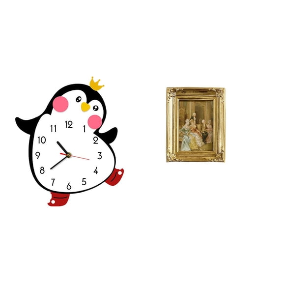 QSTDGVPW Cartoon Penguin Wooden Wall Clock Resin Photo Frame Card Display Holder Poster Glass Front Picture Frame for Bedroom Office Farmhouse Multifunctional Decorative Lovely Battery Powered