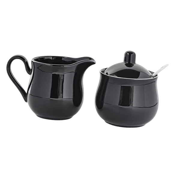 QSTDGVPW Ceramic Sugar Bowl with Lid and Spoon Durable Creamer Pitcher Set for Coffee Tea Black