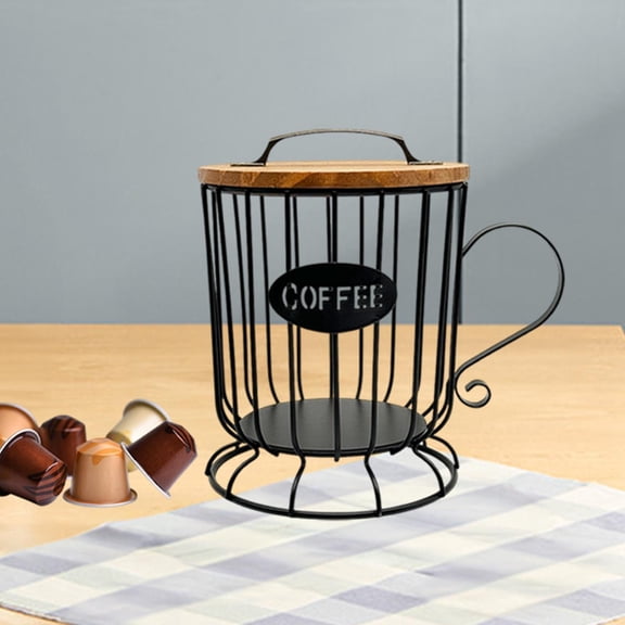 QSTDGVPW Coffee Pod Holder Cup Storage Rustic Round Modern with Wooden Lid Cage Storage L