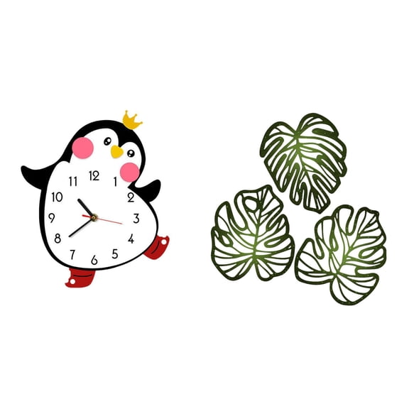 QSTDGVPW Creative Cartoon Penguin Palm Leaves Wooden Wall Clock Multifunctional Tropical Jungle Art for Bedroom Bathroom TV Background Home Decoration