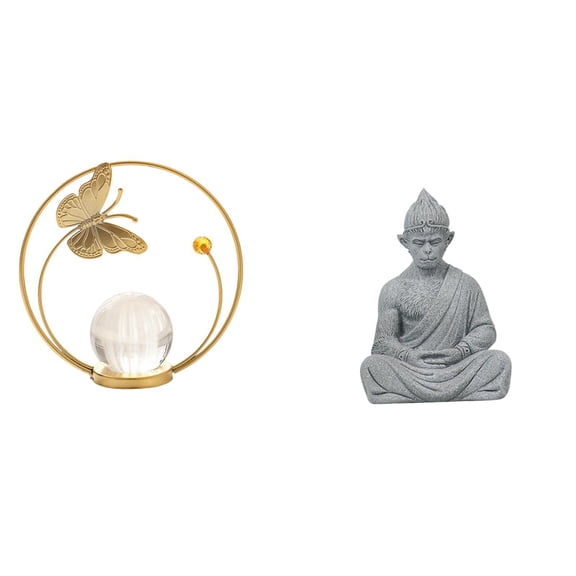 QSTDGVPW Crystal Ball Metal Sculpture Figurine Ornament Statue Stand for Hallway Fireplace Bedroom Living Room Office Monkey Buddha Figure Buddhist Collectible Miniature Sun Wukong Sculpture