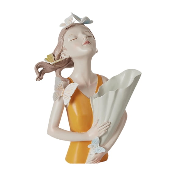 QSTDGVPW Elegant Girl Statue Sculpture Floral Flower Pot for Home Office Living Room Orange