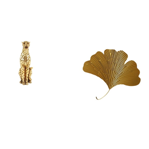 QSTDGVPW Ginkgo Cheetah Iron Leaves Tabletop Sculpture Decorative Centerpiece Animal Ornament Abstract Wall Mounted Art for Office Home Hotel Dining Room