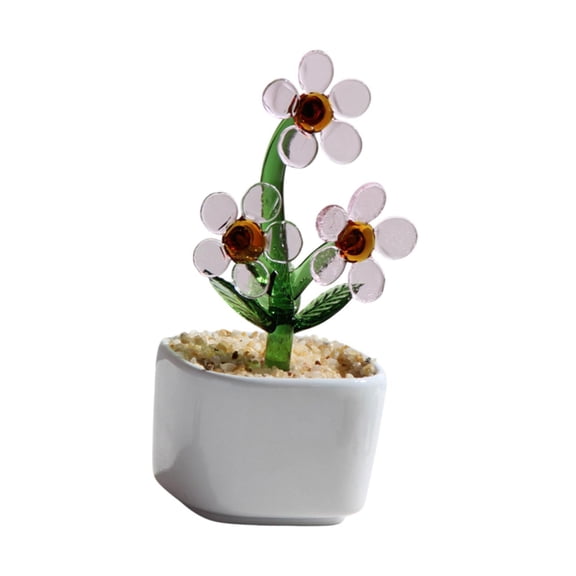 QSTDGVPW Glass Flower Ornament Artificial Potted Plant Figurine for Study Room Indoor Pink