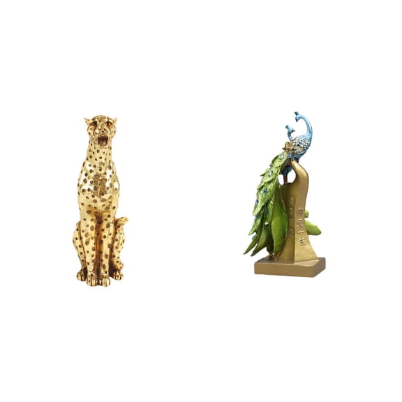 QSTDGVPW Gold Peacock Cheetah Animal Sculpture Decorative Table Centerpiece Figurine Tabletop Ornament for Office Home Desk Entrance Decor Birthday Gift