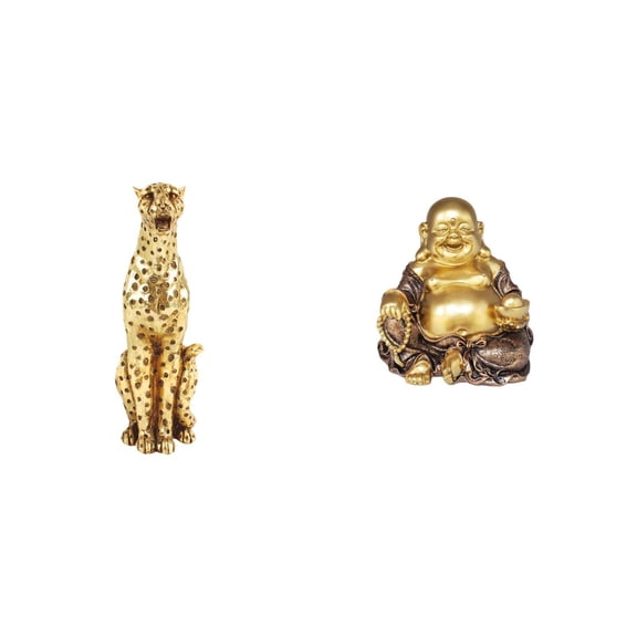 QSTDGVPW Golden Cheetah Buddha Sculpture Animal Figurine Decorative Table Centerpiece Laughing Buddha Statue Tabletop Ornament for Office Home Anniversary Decor