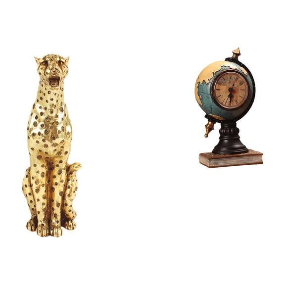 QSTDGVPW Golden Globe Cheetah Animal Sculpture Modern Tabletop Centerpiece Decorative Clock Art Craft Ornament for Office Home Shelf Bedroom Cabinet Decor