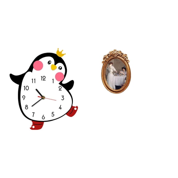 QSTDGVPW Penguin Resin Wall Clock and Photo Frame Set Decorative Multifunctional Tabletop Display for Bedroom Office Gift Home Decor