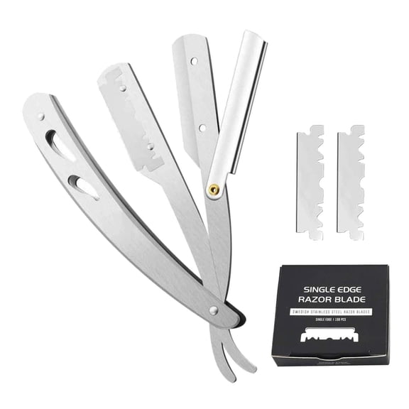 QSTDGVPW Professional Stainless Steel Barber Straight Edge Razor with 100x Blades, Rust Silver