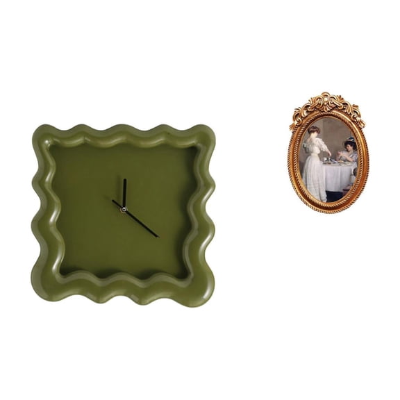 QSTDGVPW Silent Square Wall Clock Ornament for Bathroom Farmhouse Kitchen Study with Ornate Resin Photo Frame Decorative Tabletop Display Holder Stand for Office Gift Bedroom