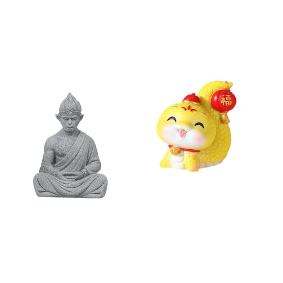 QSTDGVPW Sun Wukong Monkey Buddha and Playful Cartoon Snake Resin Statue Collectible Figurine for Home Office Garden Decor and Housewarming Gift