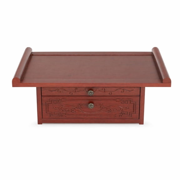 QSTDGVPW Tabletop Shrine Altar Cabinet Buddhist Carved Design Engineered Wood with Drawer for Home Worship