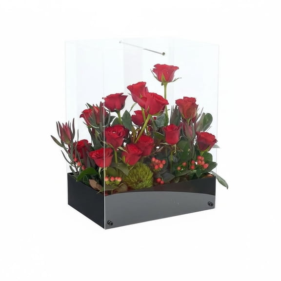 QSTDGVPW Transparent Flower Gift Box Portable with Handle Acrylic Blossom Presentation Box Panoramic View Rectangular Flower Display Case for Event Planners