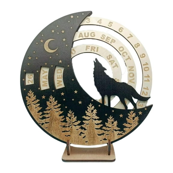 QSTDGVPW Wooden Perpetual Calendar Adjustable Hanging Ornament for Indoor Dining Room Wolf