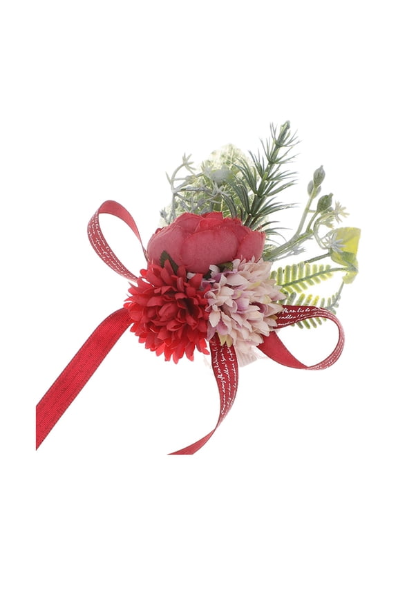 Wrist Corsage Bracelet Decoration Wristband Ribbon Hand Wrist Artificial Flowers Red