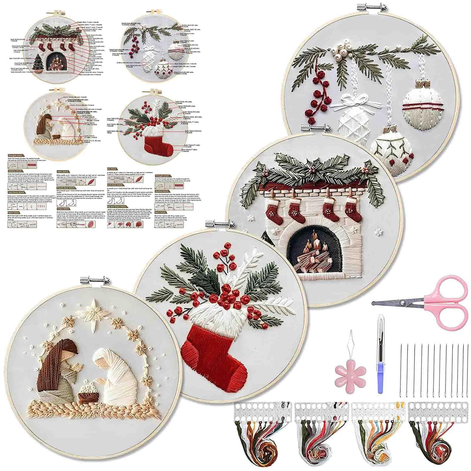a QSTNOLOGY 4 Sets Christmas Embroidery Kits for Adults, Embroidery Kit for Beginners, Cross Stitch Kits for Beginners with Pattern, Needles, Threads, Tools (Holly+Holiday+Gnome+Nativity Manger)
