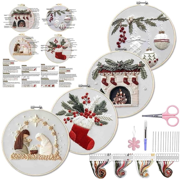a QSTNOLOGY 4 Sets Christmas Embroidery Kits for Adults, Embroidery Kit for Beginners, Cross Stitch Kits for Beginners with Pattern, Needles, Threads, Tools (Holly+Holiday+Gnome+Nativity Manger)
