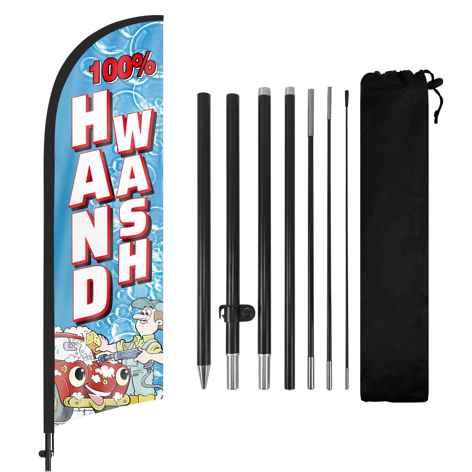 QSUM 100% Hand Car Wash Feather Flag with Flag Pole Kit and Ground Spike, 8.2FT 100% Hand Car Wash Windless Flag Banner Sign Business for Outdoor Advertising Sign Decoration Display