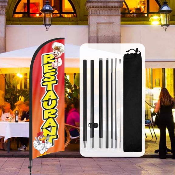 QSUM  8.2FT Restaurant Feather Flag with Flag Pole Kit and Ground Spike,Restaurant Windless Flag Banner Sign Business for Outdoor Advertising