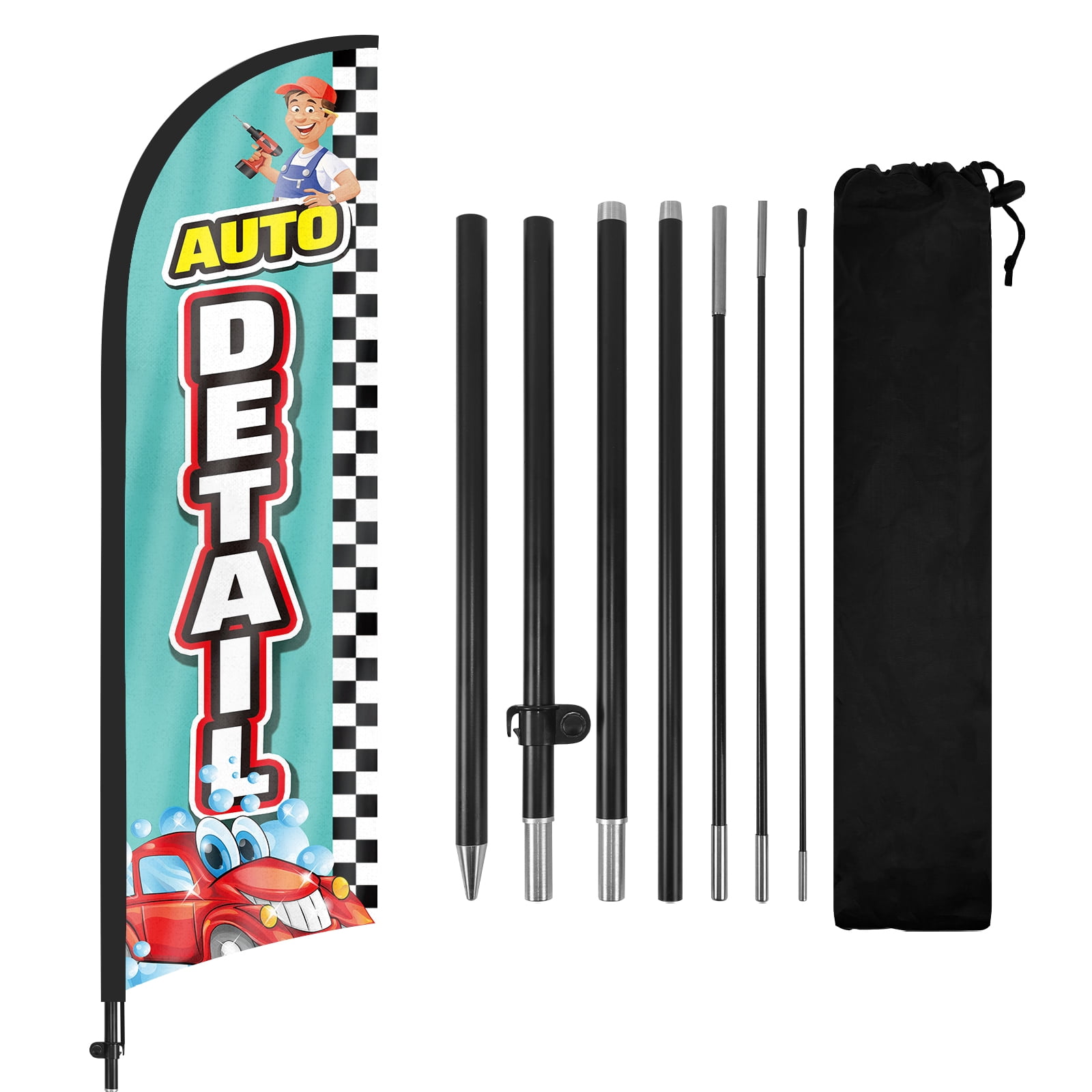 QSUM Auto Detail Feather Flag with Flag Pole Kit and Ground Spike, 8.2FT Auto Detail Windless Flag Banner Sign Business for Outdoor Advertising Sign Decoration Display