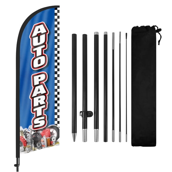 QSUM Auto Parts Feather Flag with Flag Pole Kit and Ground Spike, 8.2FT Auto Parts Windless Flag Banner Sign Business for Outdoor Advertising Sign Decoration Display