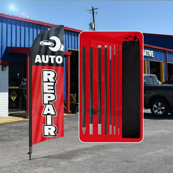 QSUM Auto Repair Sign Feather Flag with Pole Kit,8.2FT Auto Repair Decoration Display, Auto Repair Business Sign,Auto Repair Swooper Flag