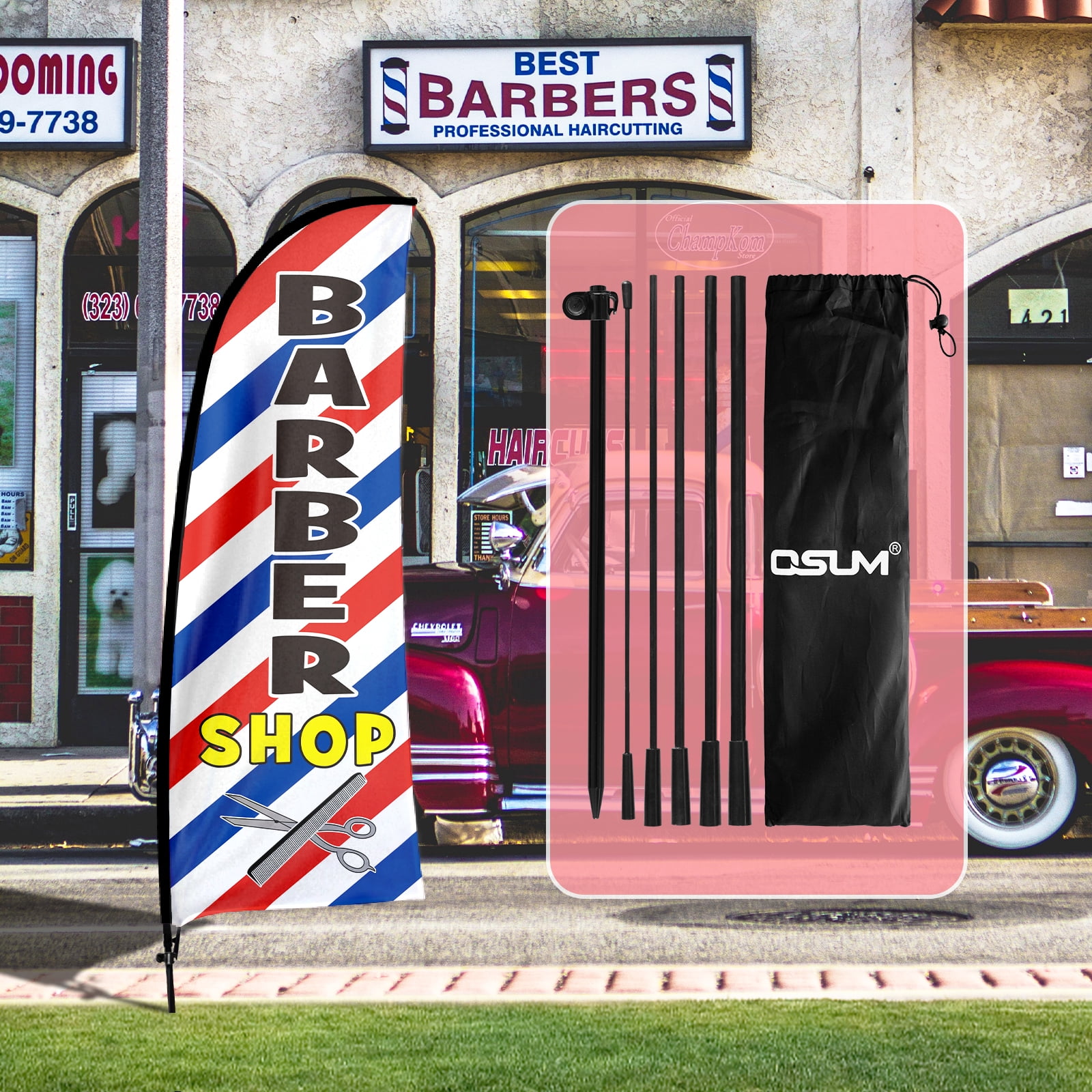 QSUM Barber Shop Feather Flag with Flag Pole Kit and Ground Spike, 7FT Barber Shop Windless Flag Banner Sign Business for Haircut Outdoor Advertising Sign Decoration Display