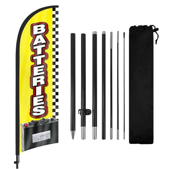 QSUM Batteries Sale Feather Flag with Flag Pole Kit and Ground Spike, 8.2FT Batteries Windless Flag Banner Sign Business for Outdoor Advertising Sign Decoration Display