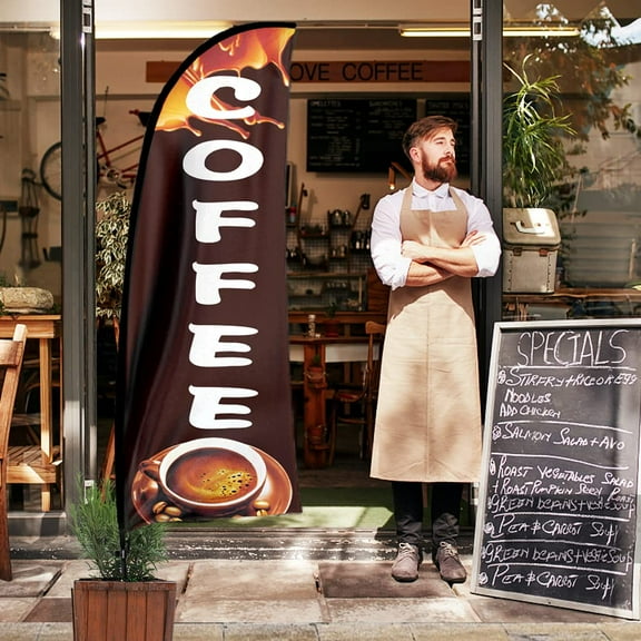 QSUM Black Coffee Feather Flag and Pole Kit 7 FT Black Coffee Signs for Business Swooper Flag Advertising Flag with Ground Spike for Coffee shop
