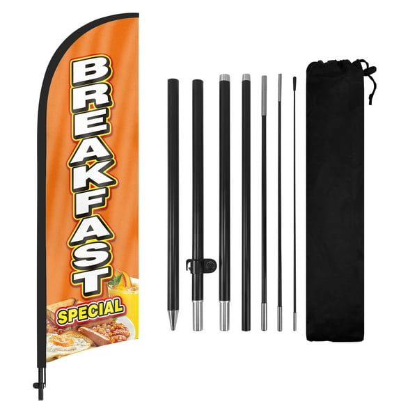 QSUM Breakfast Special Feather Flag with Flag Pole Kit and Ground Spike, 8.2FT Breakfast Special Windless Flag Banner Sign Business for Outdoor Advertising Sign Decoration Display