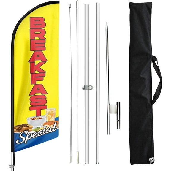 QSUM Breakfast Themed Swooper Flag, 11FT Breakfast Signs Advertising Feather Flag with Pole and Heavy-Duty Ground Spike for Breakfast store, Businesses and Storefronts