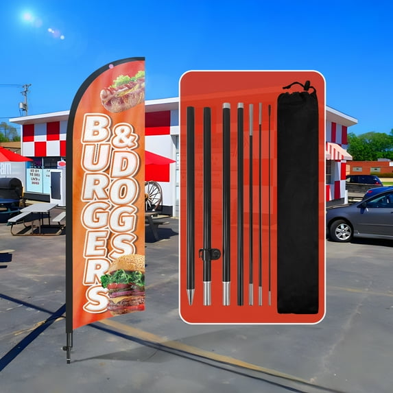 QSUM Burger And Hot Dogs Feather Flag with Flag Pole Kit and Ground Spike, 8.2FT Burger And Hot Dogs Windless Flag Banner Sign Business for Outdoor Advertising